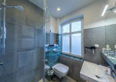 kleines Bad mit Glasdusche, wandhängendem WC und Waschbecken, Tageslichtfenster mit Blick nach draußen